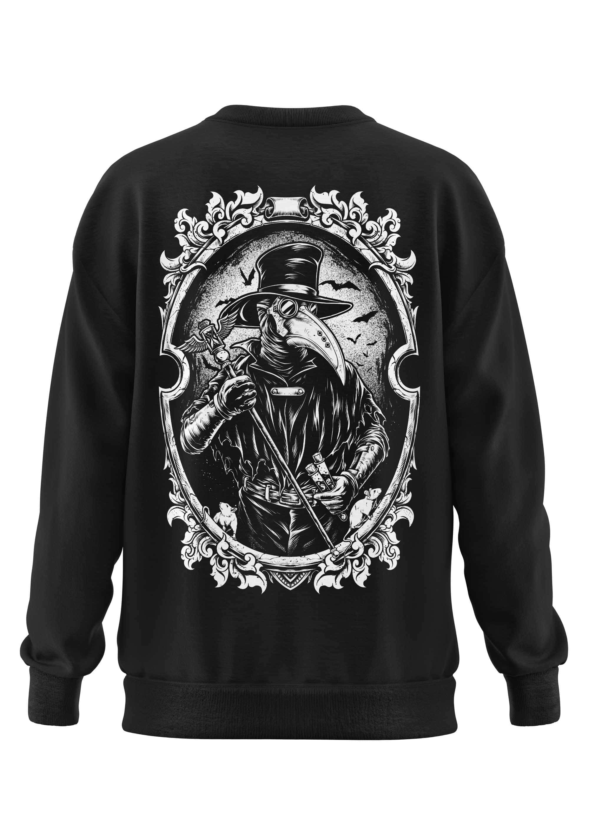 Schwarzes schweres unisex-sweatshirt aus recyceltem polyester mit detailliertem death doctor-graphic im ovalen rahmen